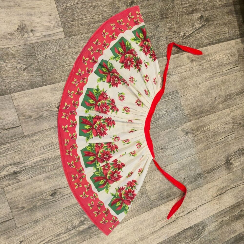 Vintage Christmas Apron Poinsettia Floral Print red Waist Ties Holiday Hostess - Picture 3 of 10